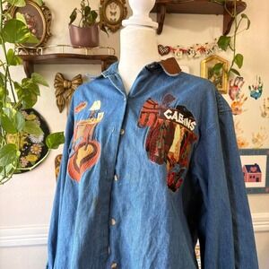 Vtg 90s Embroidered Cabin Life Camping Denim Leather Button Up Cozy Storytelling